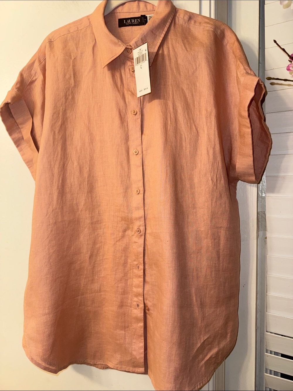 Lauren Ralph Lauren Peach Short-Sleeve Linen Button-Down Shirt